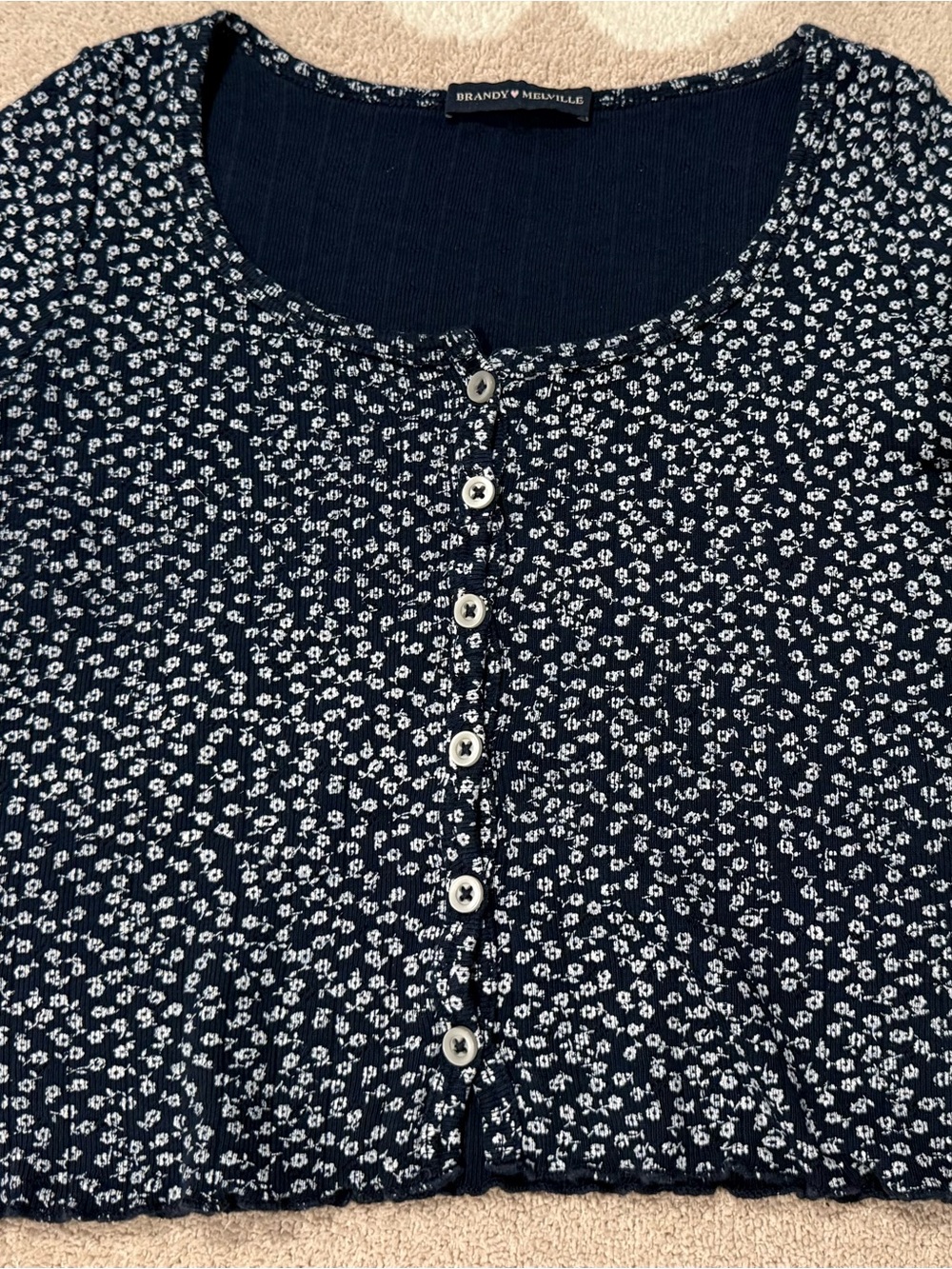 Brandy Melville Navy Blue White Floral Button-Up Top